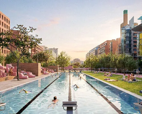 Berlin's Urban Aquatic Oasis: KINZO's 100-Meter All-Season Pool Concept